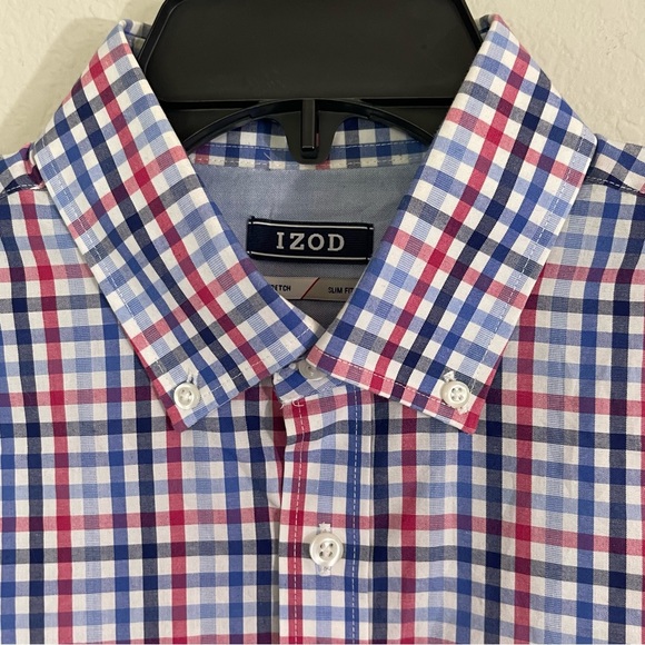 IZOD Men’s Slim Fit Stretch Dress Shirt Red White Blue Plaid Size 16 34/35 - Picture 1 of 9